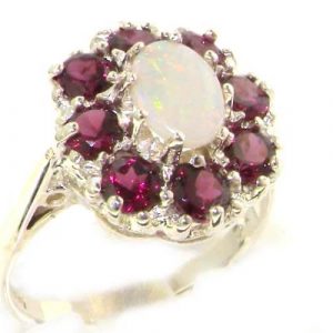 Luxury Ladies Solid Sterling Silver Natural Opal & Rhodolite Garnet Large Cluster Ring