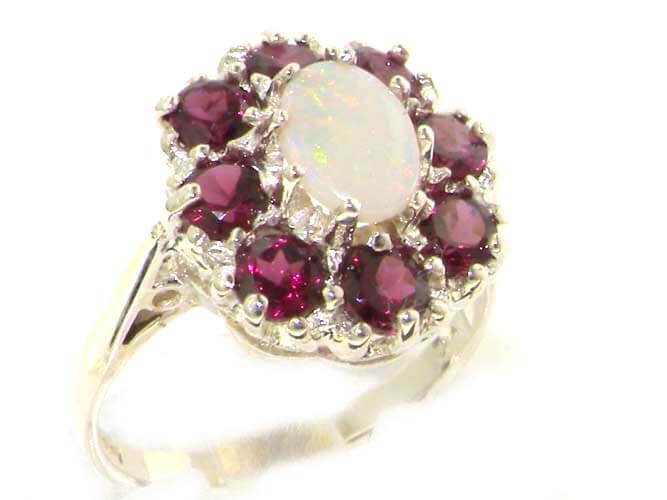 Luxury Ladies Solid Sterling Silver Natural Opal & Rhodolite Garnet Large Cluster Ring Luxury Ladies Solid Sterling Silver Natural Opal & Rhodolite Garnet Large Cluster Ring