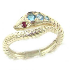 Fabulous Solid Sterling Silver Natural Blue Topaz & Ruby Detailed Snake Ring