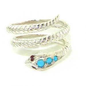 Fabulous Solid Sterling Silver Natural Turquoise & Ruby Detailed Snake Ring