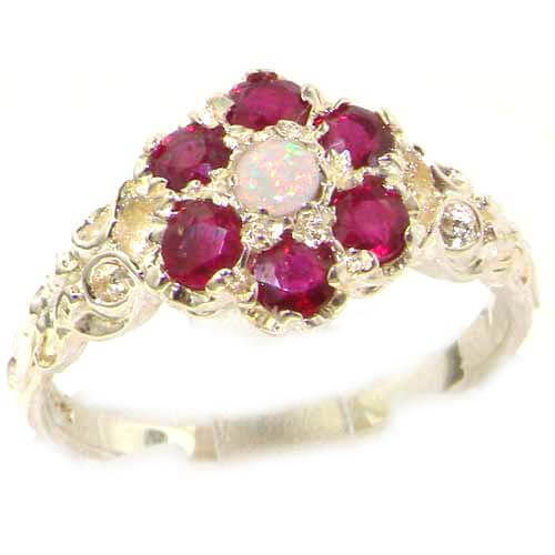 Victorian Ladies Solid Sterling Silver Natural Fiery Opal & Ruby Daisy Ring Victorian Ladies Solid Sterling Silver Natural Fiery Opal & Ruby Daisy Ring