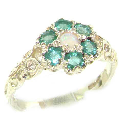Victorian Ladies Solid Sterling Silver Natural Fiery Opal & Emerald Daisy Ring