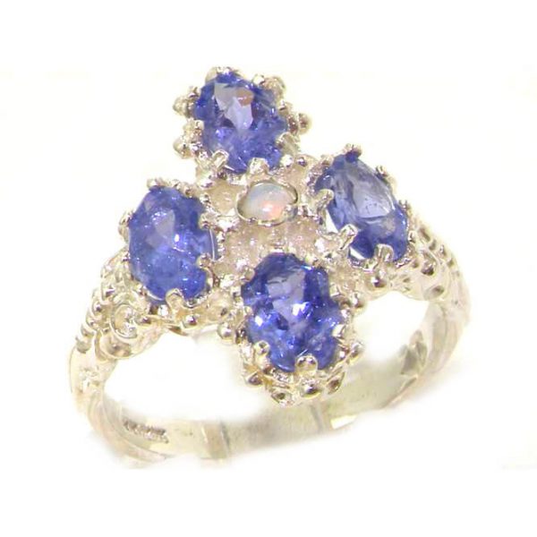 Heavy Weight Victorian Design Solid Sterling Silver Natural Tanzanite & Fiery Opal Ring