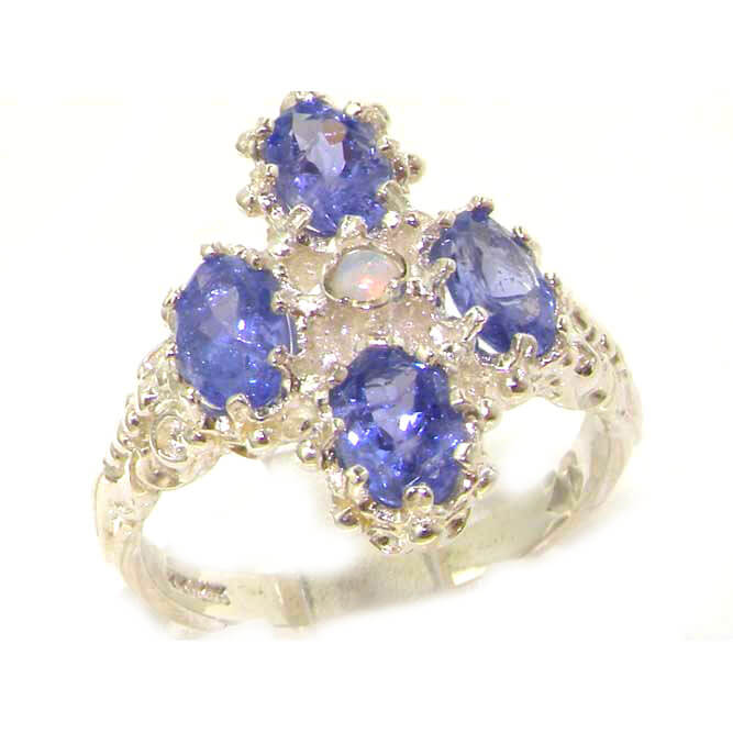 Heavy Weight Victorian Design Solid Sterling Silver Natural Tanzanite & Fiery Opal Ring Heavy Weight Victorian Design Solid Sterling Silver Natural Tanzanite & Fiery Opal Ring
