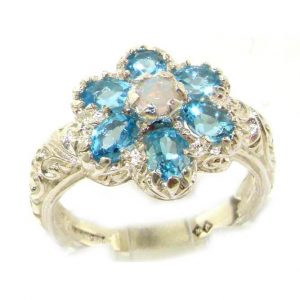 Solid English Sterling Silver Ladies Fiery Opal & Blue Topaz Art Nouveau Flower Ring