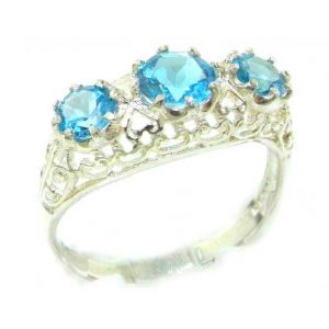 Quality Solid Sterling Silver Genuine Blue Topaz English Filigree Trilogy Ring