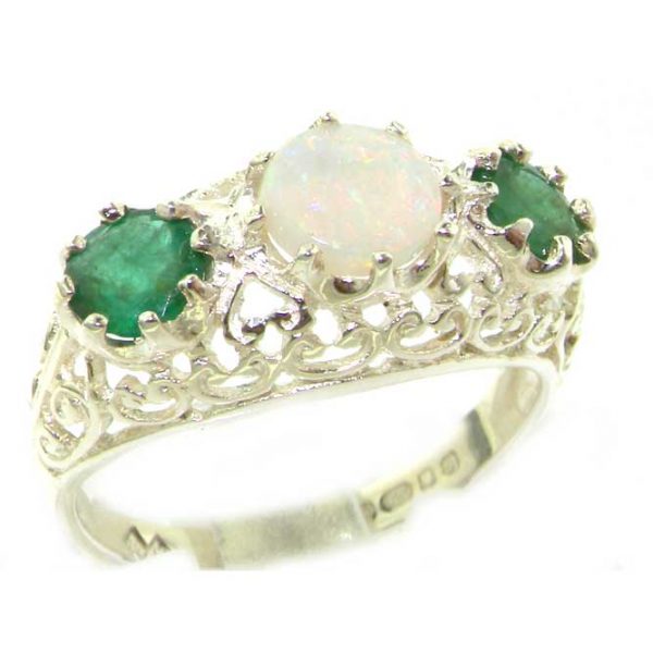 Quality Solid Sterling Silver Genuine Opal & Emerald English Filigree Trilogy Ring