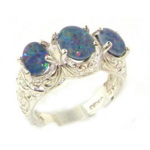 Luxury Sterling Silver Ladies Large Opal Trilogy Ring