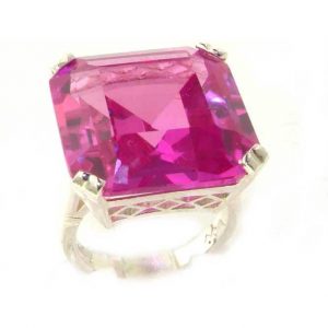 Luxury Sterling Silver Ladies Large Square Octagon Solitaire Synthetic Pink Sapphire Basket Ring