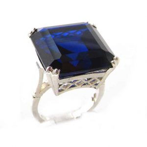 Luxury Sterling Silver Ladies Large Square Octagon Solitaire Synthetic Sapphire Basket Ring
