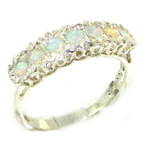Solid English Sterling Silver Ladies Natural Fiery Opal Victorian Style Eternity Band Ring