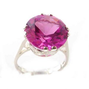 Luxury Sterling Silver Ladies Large Round Solitaire Synthetic Pink Sapphire Basket Ring