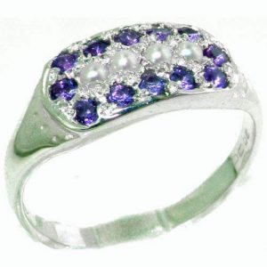 High Quality Solid Sterling Silver Vibrant Natural Amethyst and Pearl Ring