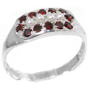High Quality Solid Sterling Silver Vibrant Natural Garnet and Pearl Ring