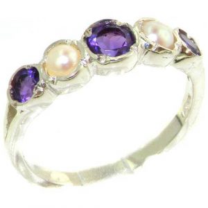 Genuine Solid Sterling Silver Natural Amethyst & Pearl Womens Right Hand Ring