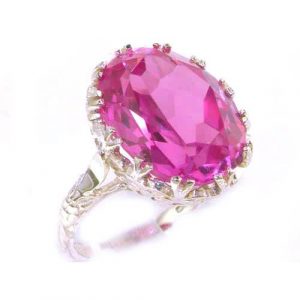 Luxury Solid Sterling Silver Large 16x12mm Oval 13ct Synthetic Pink Sapphire Ring