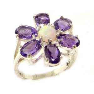 Solid English Sterling Silver Ladies Large Fiery Opal & Amethyst Flower Ring