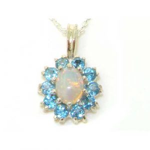 Luxury Ladies Solid 925 Sterling Silver Ornate Vibrant Natural Opal & Blue Topaz Marquise Pendant Necklace