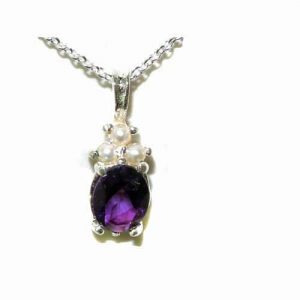 Luxury Ladies Solid White 9ct Gold Natural Amethyst and Pearl Contemporary Pendant Necklace