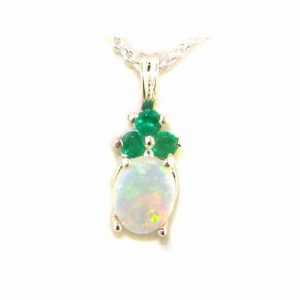 Luxury Ladies Solid White 9ct Gold Natural Opal and Emerald Contemporary Pendant Necklace