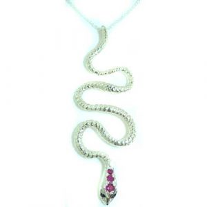 Luxury Ladies Solid 925 Sterling Silver Natural Ruby & Sapphire Detailed Snake Pendant Necklace