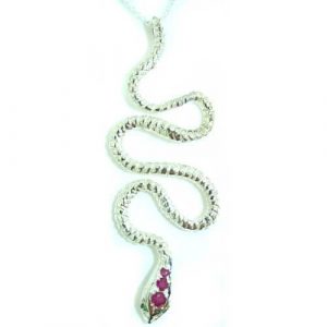 Luxury Ladies Solid 925 Sterling Silver Natural Ruby & Emerald Detailed Snake Pendant Necklace