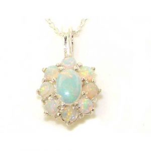 Luxury Ladies Solid White 9ct Gold Ornate Large Natural Fiery Opal Cluster Pendant Necklace