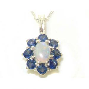 Luxury Ladies Solid 925 Sterling Silver Ornate Large Natural Fiery Opal and Sapphire Cluster Pendant Necklace