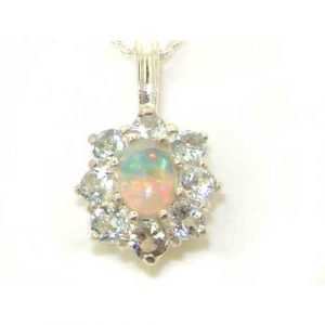 Luxury Ladies Solid White 9ct Gold Ornate Large Natural Fiery Opal and Aquamarine Cluster Pendant Necklace
