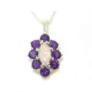 Luxury Ladies Solid 925 Sterling Silver Natural Opal & Amethyst Cluster Pendant Necklace