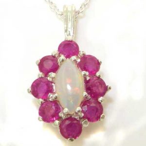 Luxury Ladies Solid 925 Sterling Silver Natural Opal & Ruby Cluster Pendant Necklace
