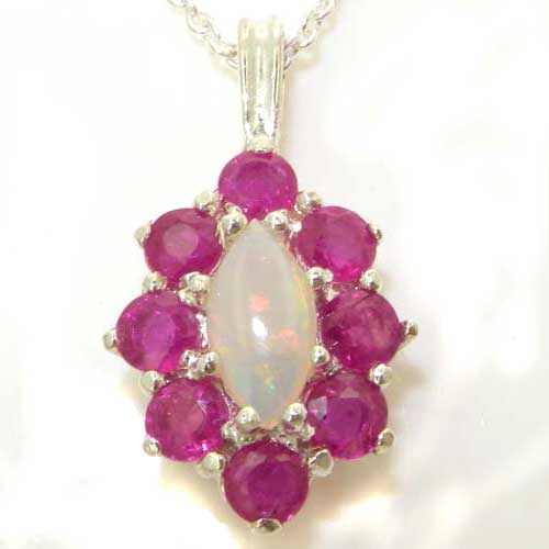 Luxury Ladies Solid 925 Sterling Silver Natural Opal & Ruby Cluster Pendant Necklace Luxury Ladies Solid 925 Sterling Silver Natural Opal & Ruby Cluster Pendant Necklace