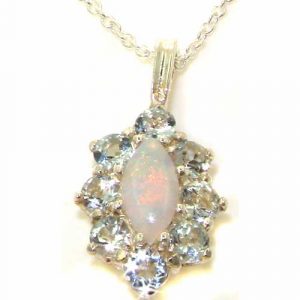 Luxury Ladies Solid 925 Sterling Silver Natural Opal & Aquamarine Cluster Pendant Necklace
