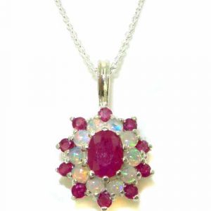 Luxury Ladies Solid White 9ct Gold Ornate Large Vibrant Natural Ruby & Opal 3 Tier Large Cluster Pendant Necklace
