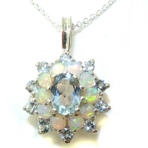 Luxury Ladies Solid White 9ct Gold Ornate Large Vibrant Natural Aquamarine & Opal 3 Tier Large Cluster Pendant Necklace