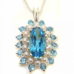 Unusual Luxury Ladies Solid White 9ct Gold Natural Large Blue Topaz & Pearl 3 Tier Cluster Pendant Necklace