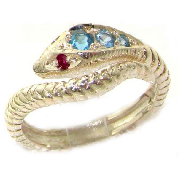9ct White Gold Blue Topaz & Ruby Snake Ring