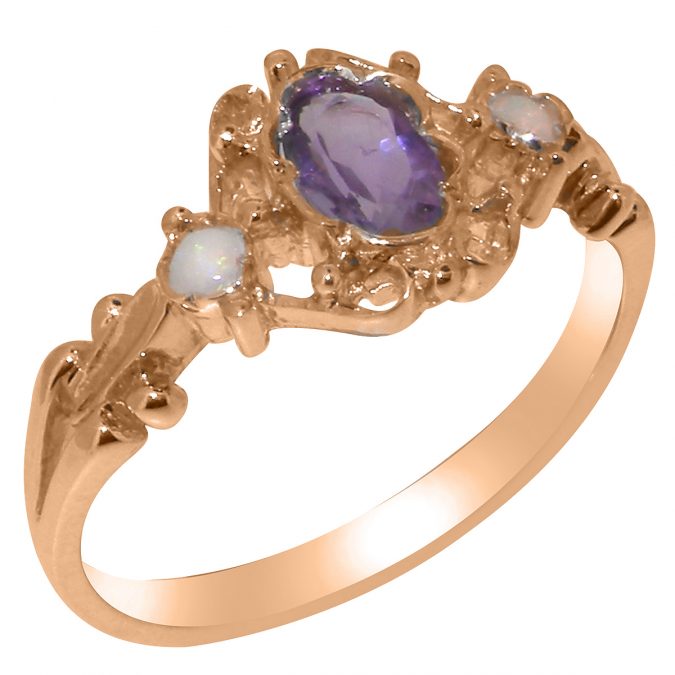 Rose Gold Natural Amethyst & Opal Womens Trilogy Ring