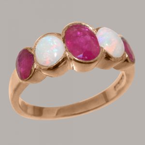 Solid Rose Gold Natural Ruby & Opal Womens Band Ring