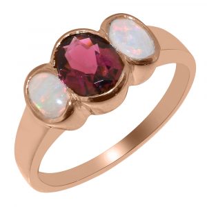 Solid Rose Gold Natural Garnet & Opal Womens Trilogy Ring