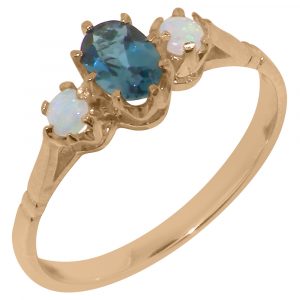 Solid Rose Gold Natural London Blue Topaz & Opal Womens Trilogy Ring
