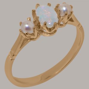 Solid Rose Gold Natural Opal & Cultured Pearl Womens Trilogy Ring