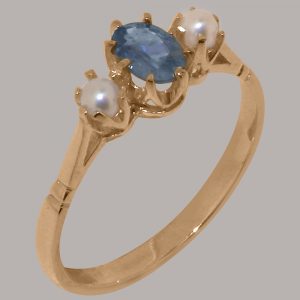 Solid Rose Gold Natural Sapphire & Cultured Pearl Womens Trilogy Ring