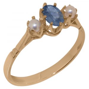 Solid Rose Gold Natural Sapphire & Cultured Pearl Womens Trilogy Ring