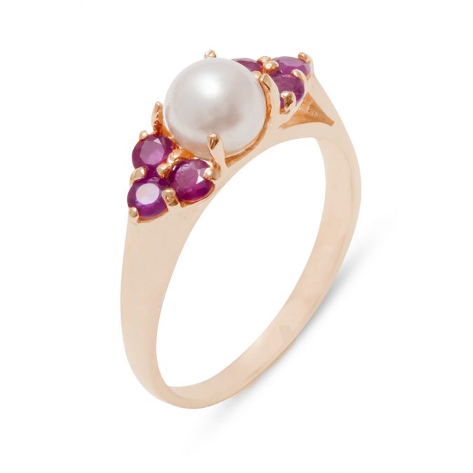 Rose Gold Cultured Pearl & Ruby Womens Cluster Ring