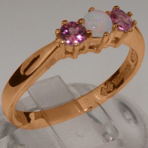 Rose Gold Natural Opal & Pink Tourmaline Womens Trilogy Ring
