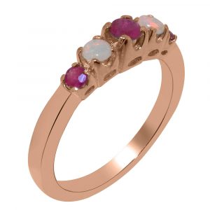 Solid Rose Gold Natural Ruby & Opal Womens Band Ring