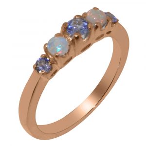 Solid Rose Gold Natural Tanzanite & Opal Womens Band Ring