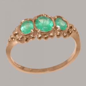 Solid Rose Gold Natural Emerald Womens Trilogy Ring
