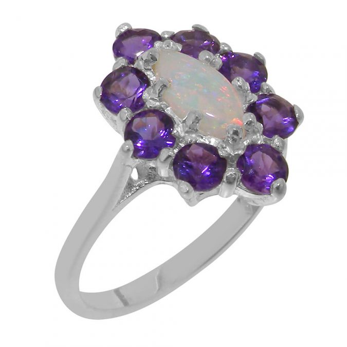 Solid 925 Sterling Silver Natural Opal & Amethyst Womens Cluster Ring